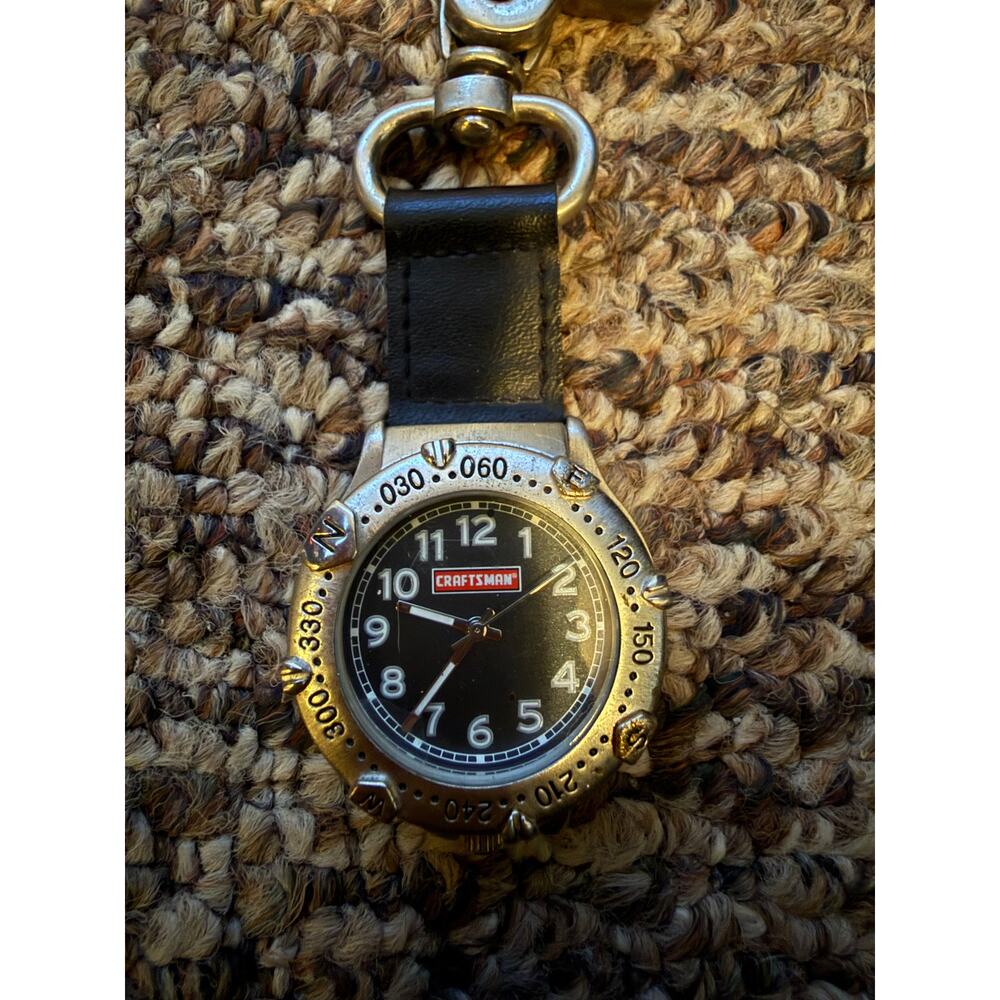Craftsman Keychain Watch Fob Compass Black Dial Silver Tone Belt Clip